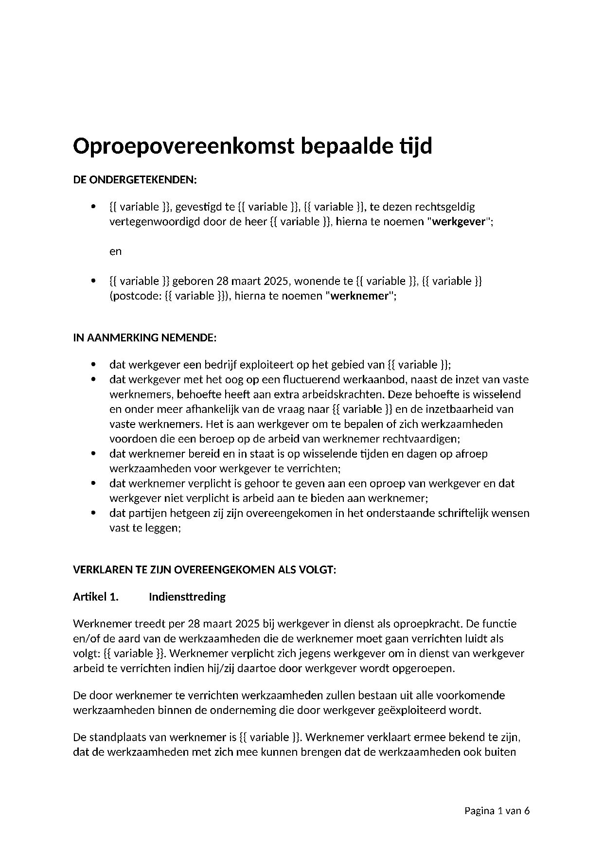 Voorbeeld Oproepovereenkomst bepaalde tijd