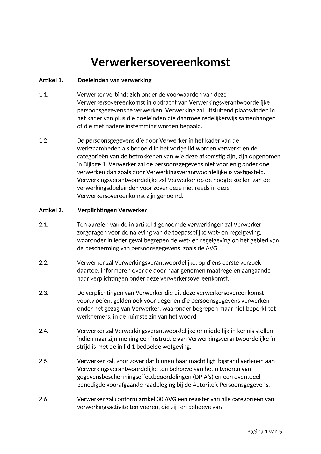 Voorbeeld Verwerkersovereenkomst