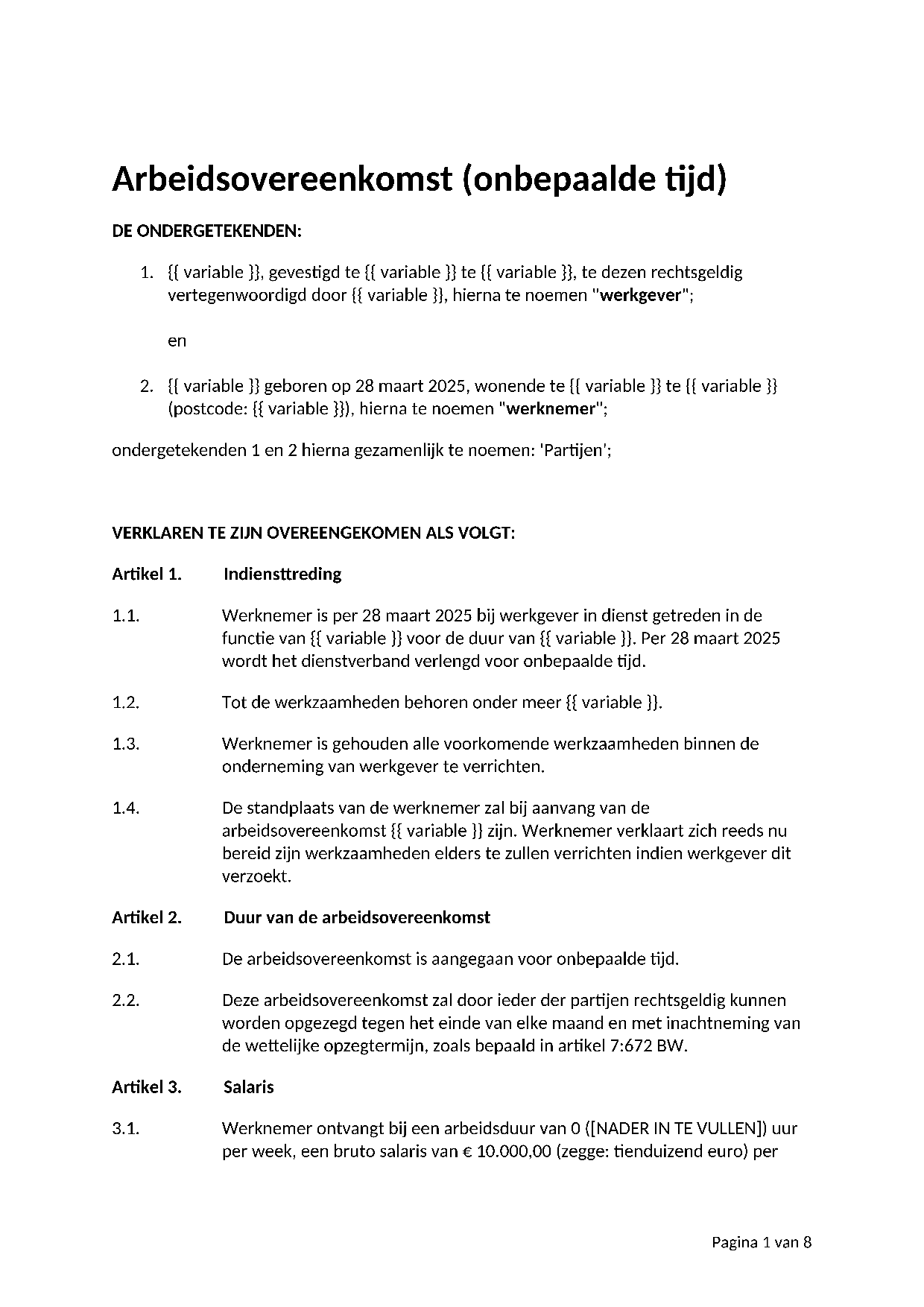 Voorbeeld Arbeidsovereenkomst onbepaalde tijd