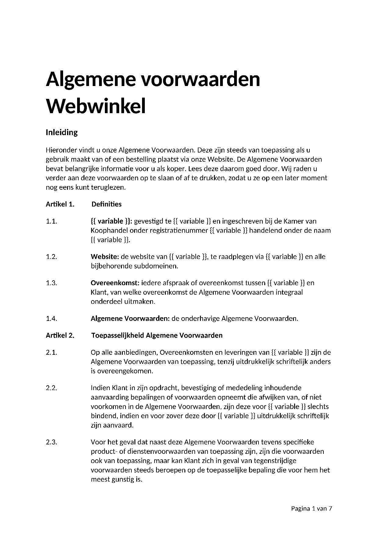 Voorbeeld Webshop algemene voorwaarden
