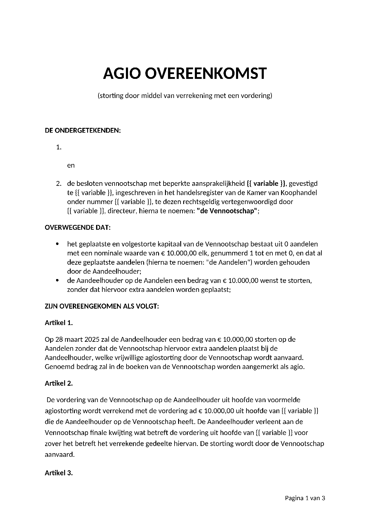 Voorbeeld Agio-overeenkomst