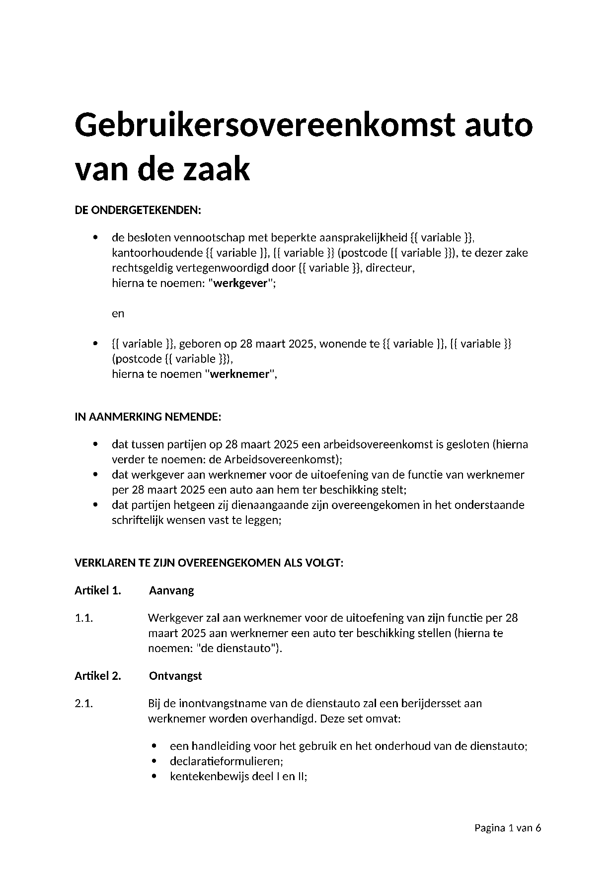 Voorbeeld Gebruikersovereenkomst auto van de zaak
