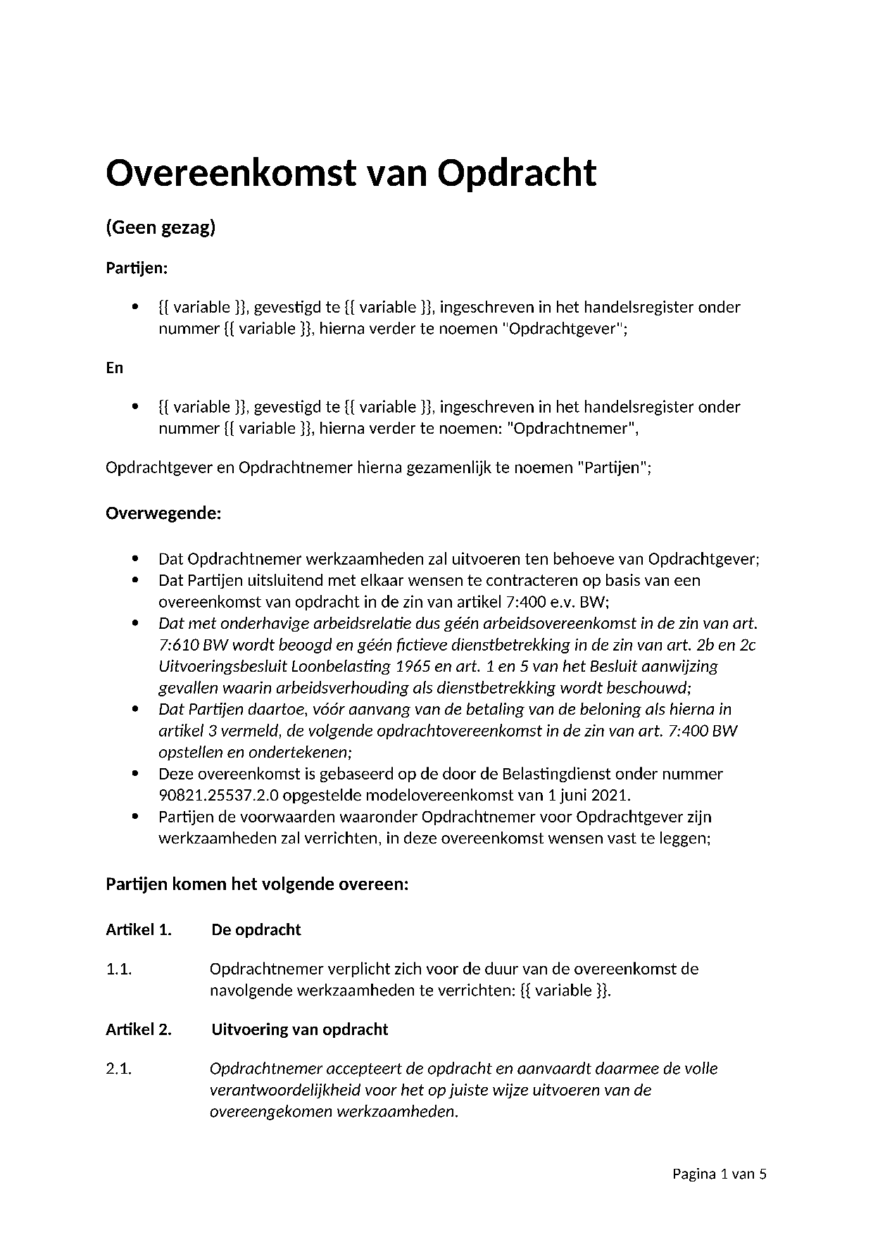 Voorbeeld Overeenkomst van opdracht