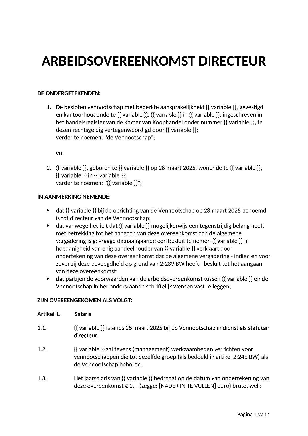 Voorbeeld Arbeidsovereenkomst DGA meerderheidsbelang